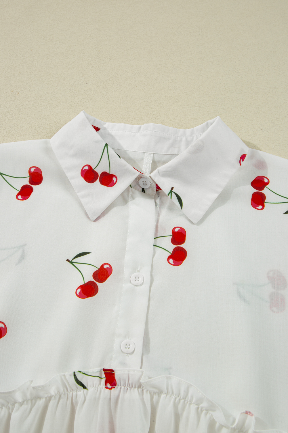 White Cherry Print Flounce Sleeve Collared Frilled Babydoll Blouse - loveforevers