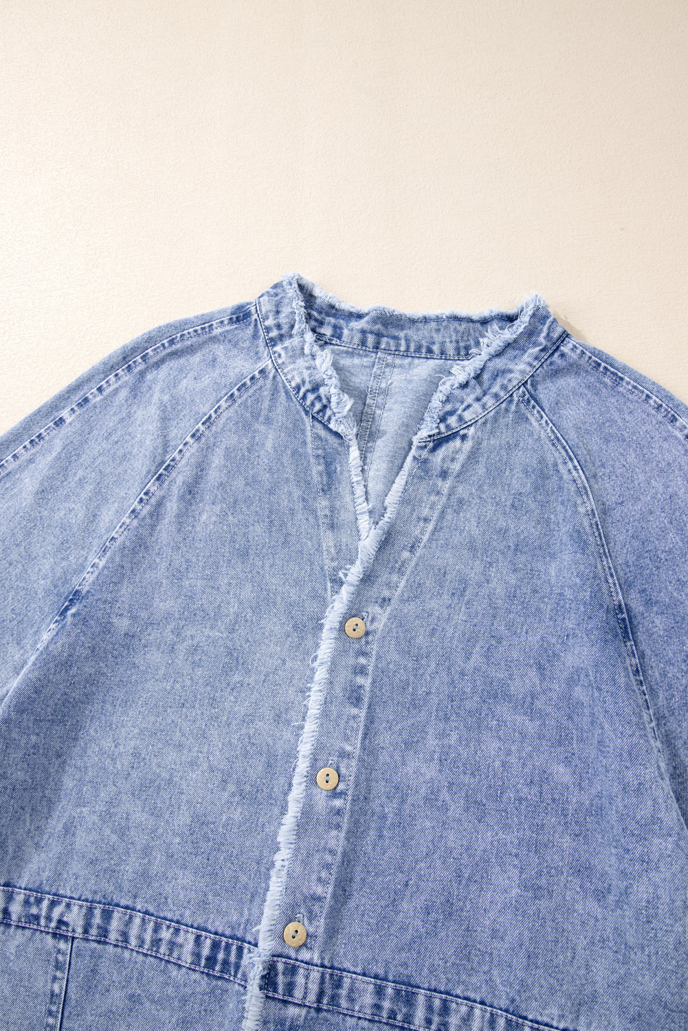 Beau Blue Mineral Wash Long Sleeve Button Up Raw Hem Pocketed Denim Dress - loveforevers