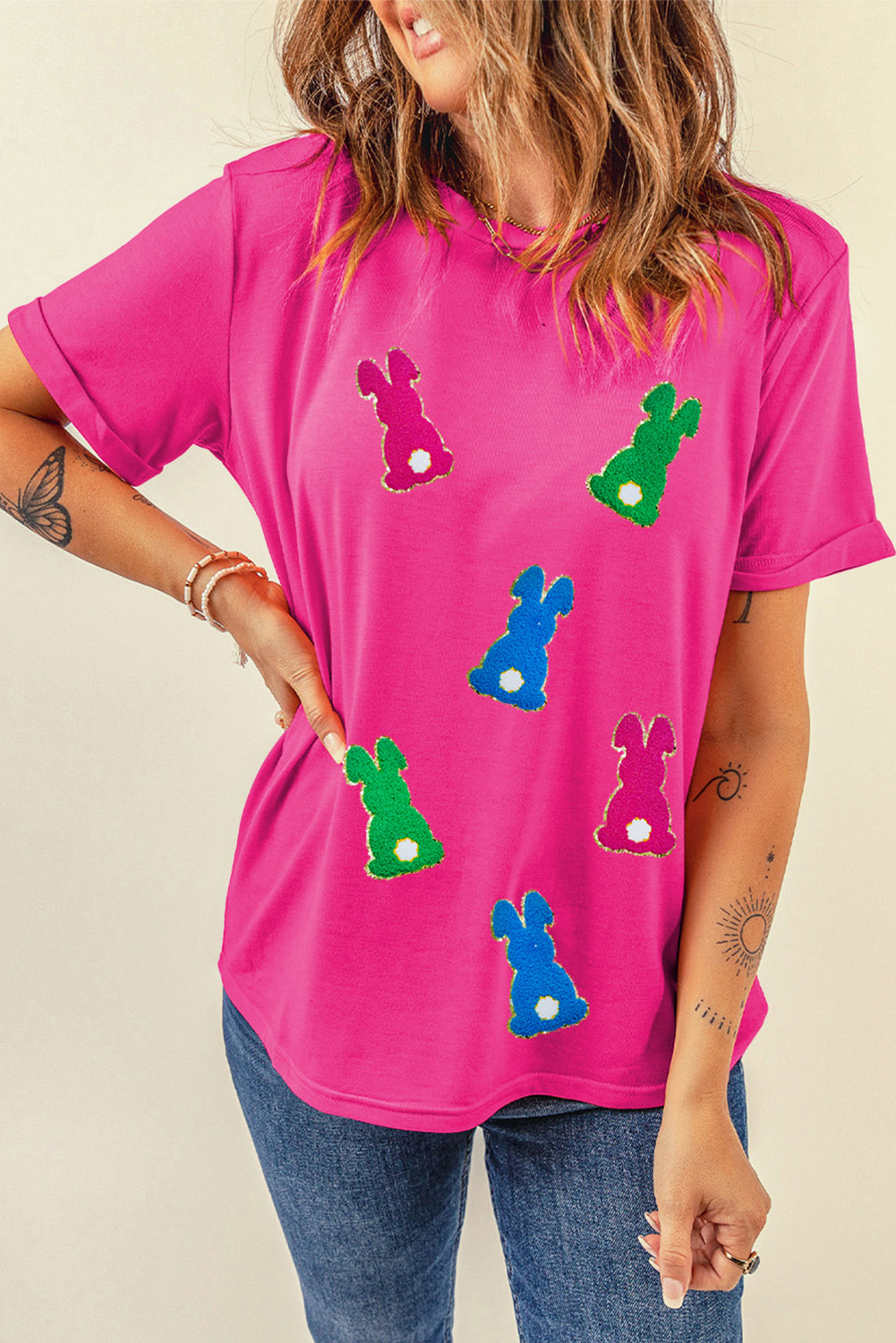 Rose Red Easter Rabbit Chenille Patched Pattern Crew Neck Tee - loveforevers
