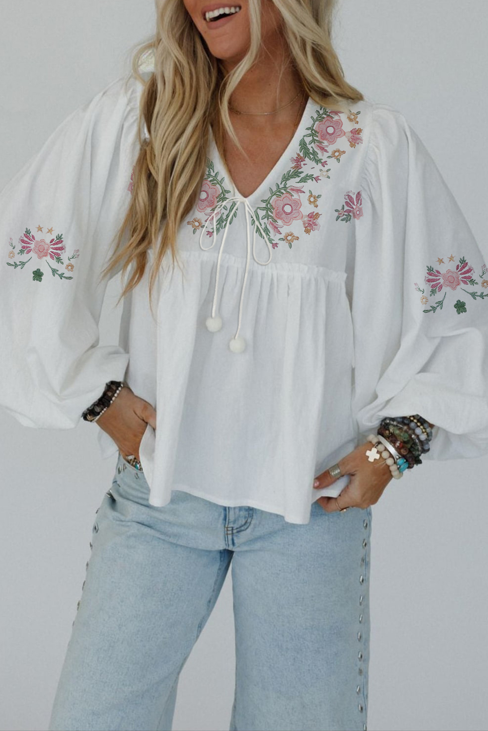 White Flower Print Lace-up V Neck Babydoll Blouse - loveforevers