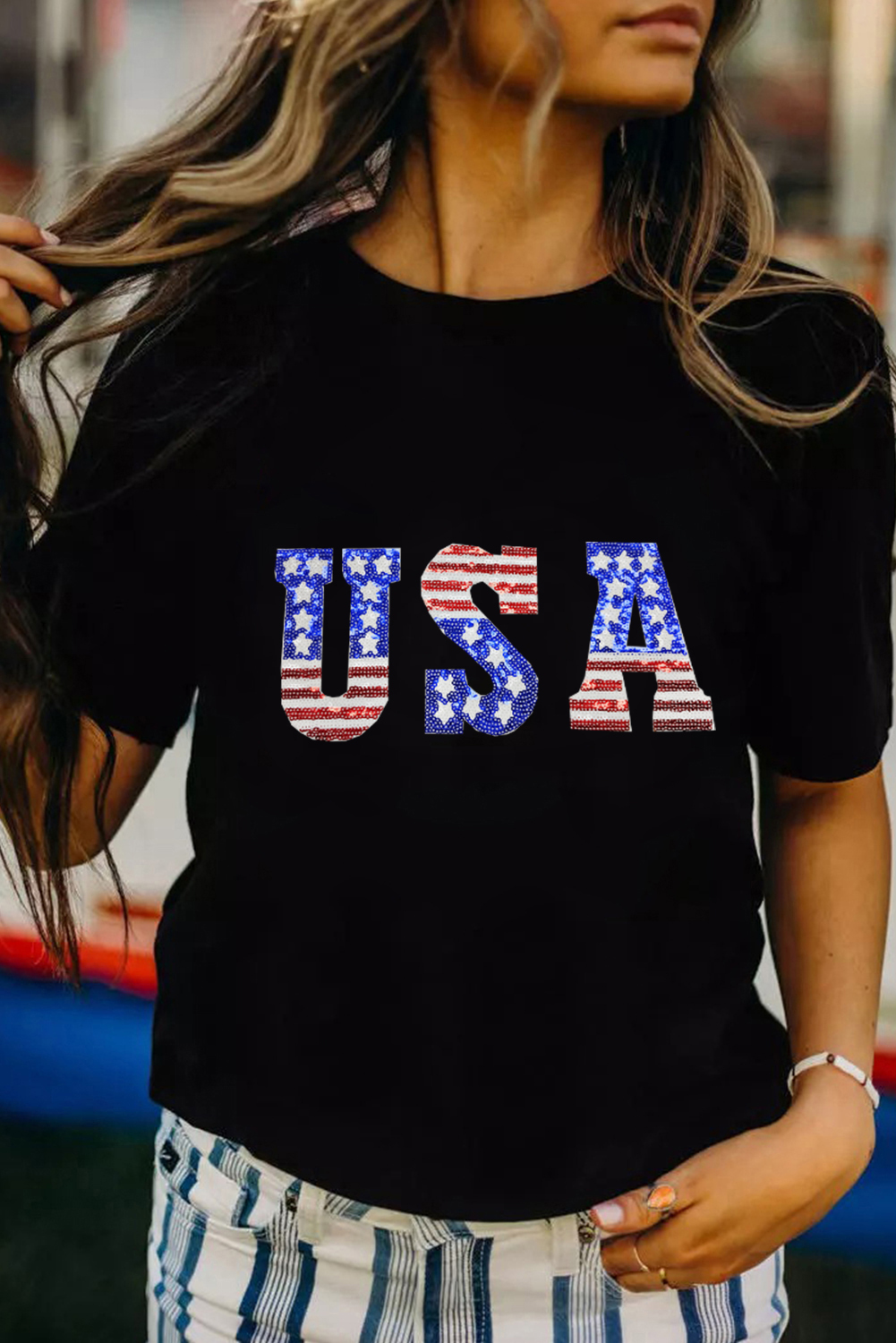 Black USA Stars and Stripes Crew Neck Graphic Tee - loveforevers