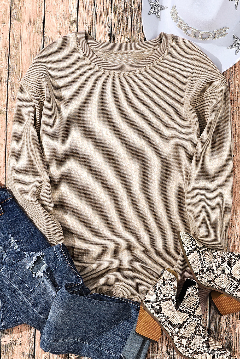 Pink Solid Ribbed Knit Round Neck Pullover Sweatshirt - loveforevers