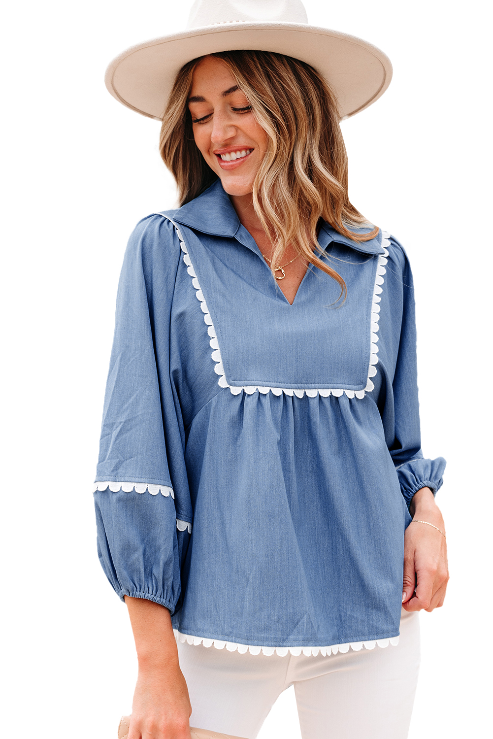 Dusk Blue Lace Ric Rac 3/4 Puff Sleeve Collared Babydoll Blouse - loveforevers