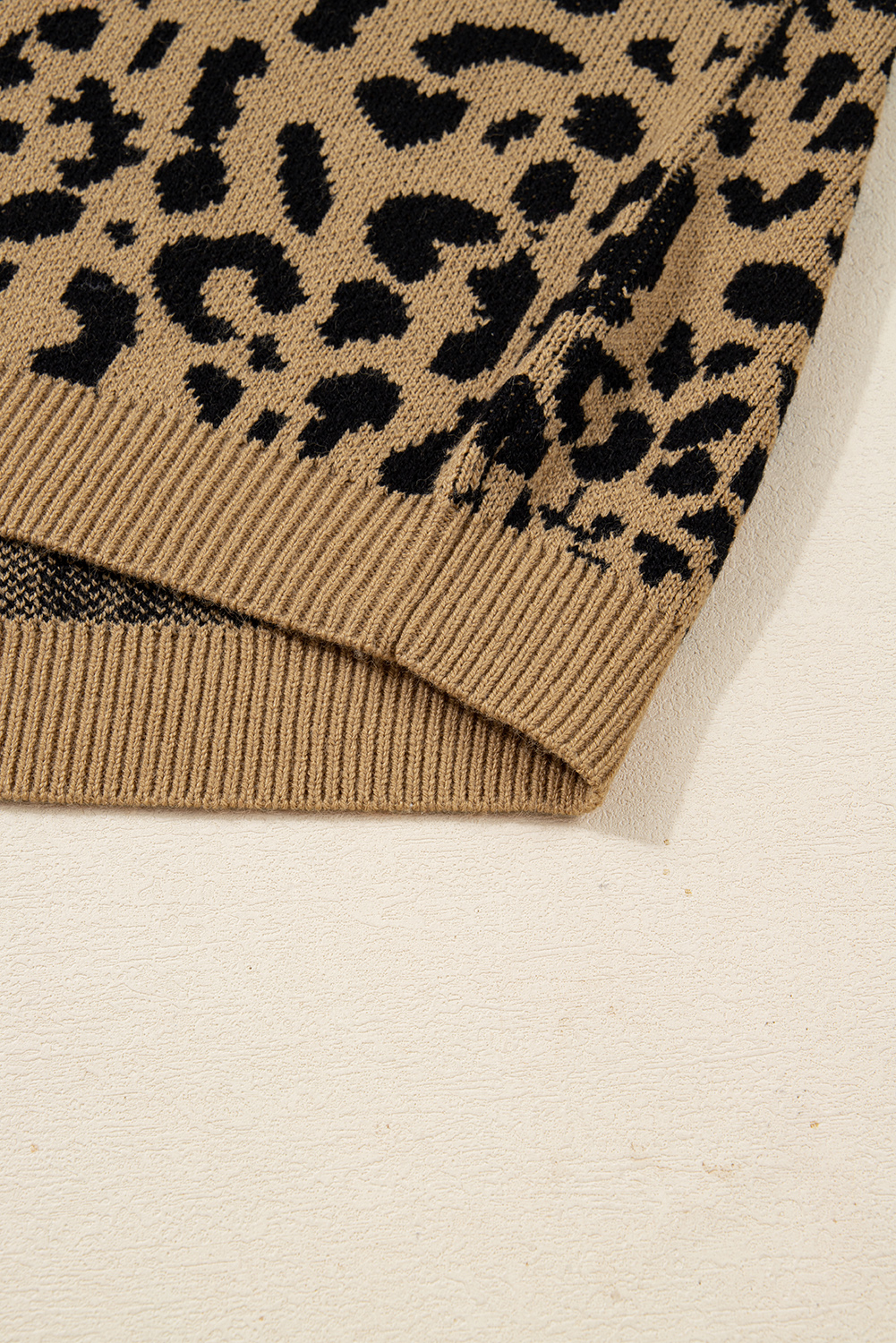Light French Beige Ribbed Trim Round Neck Leopard Drop Shoulder Sweater - loveforevers