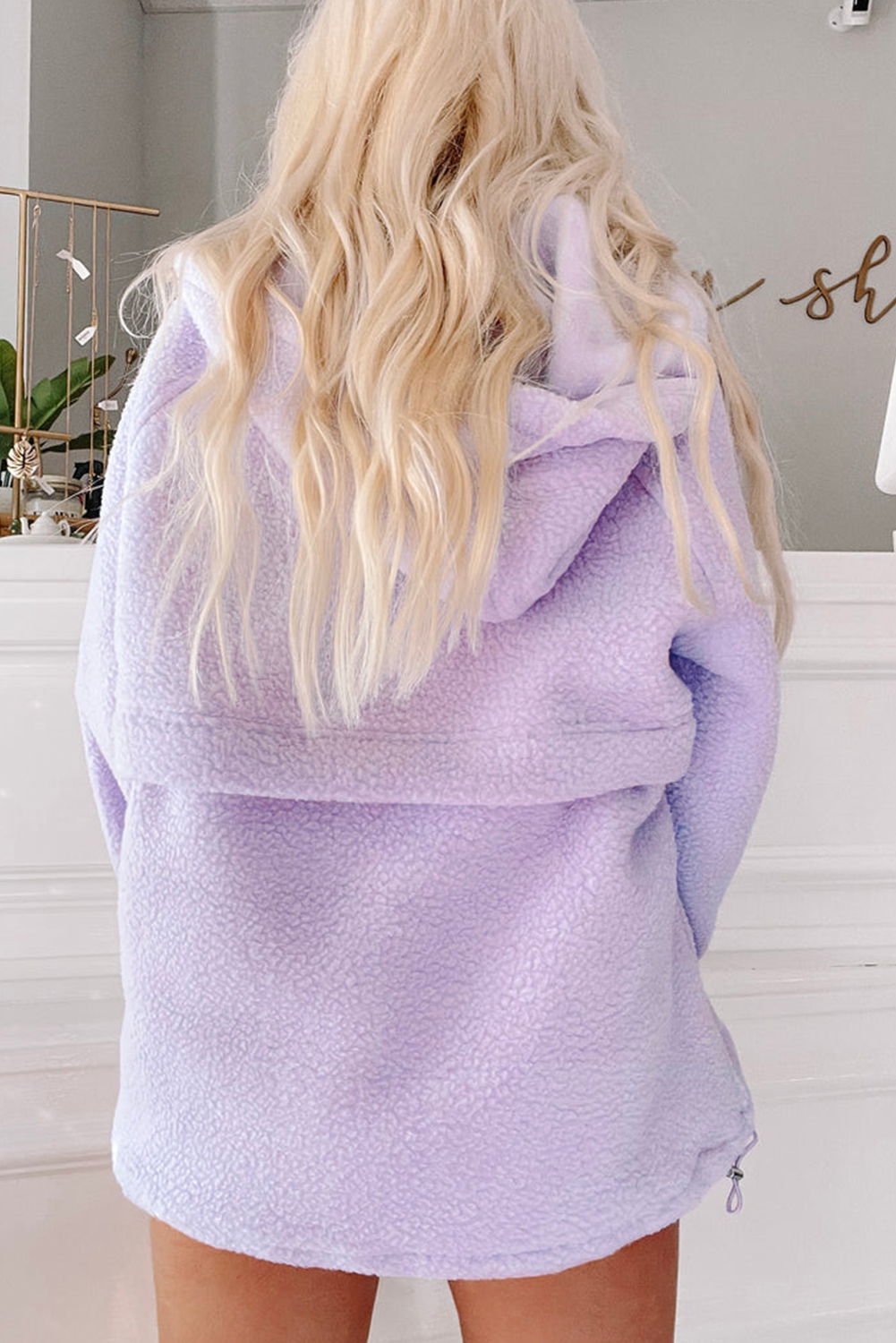 Lavendula Zipped Patch Pocket Fuzzy Drawstring Hoodie - loveforevers