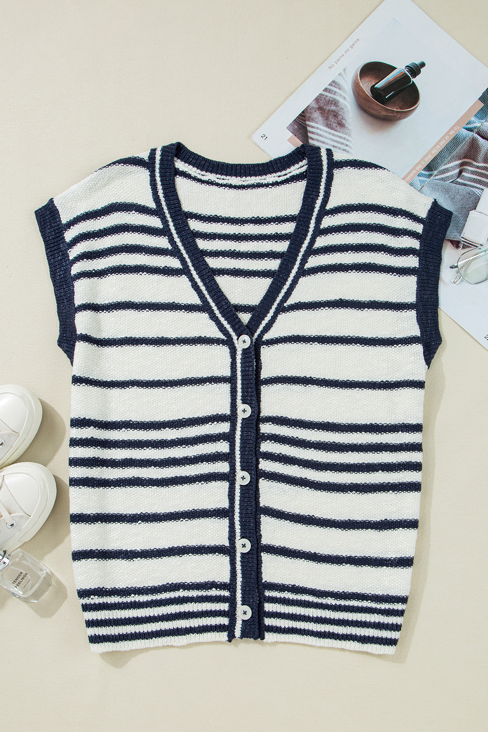 Blue Stripe Loose Buttoned V Neck Sweater Vest - loveforevers