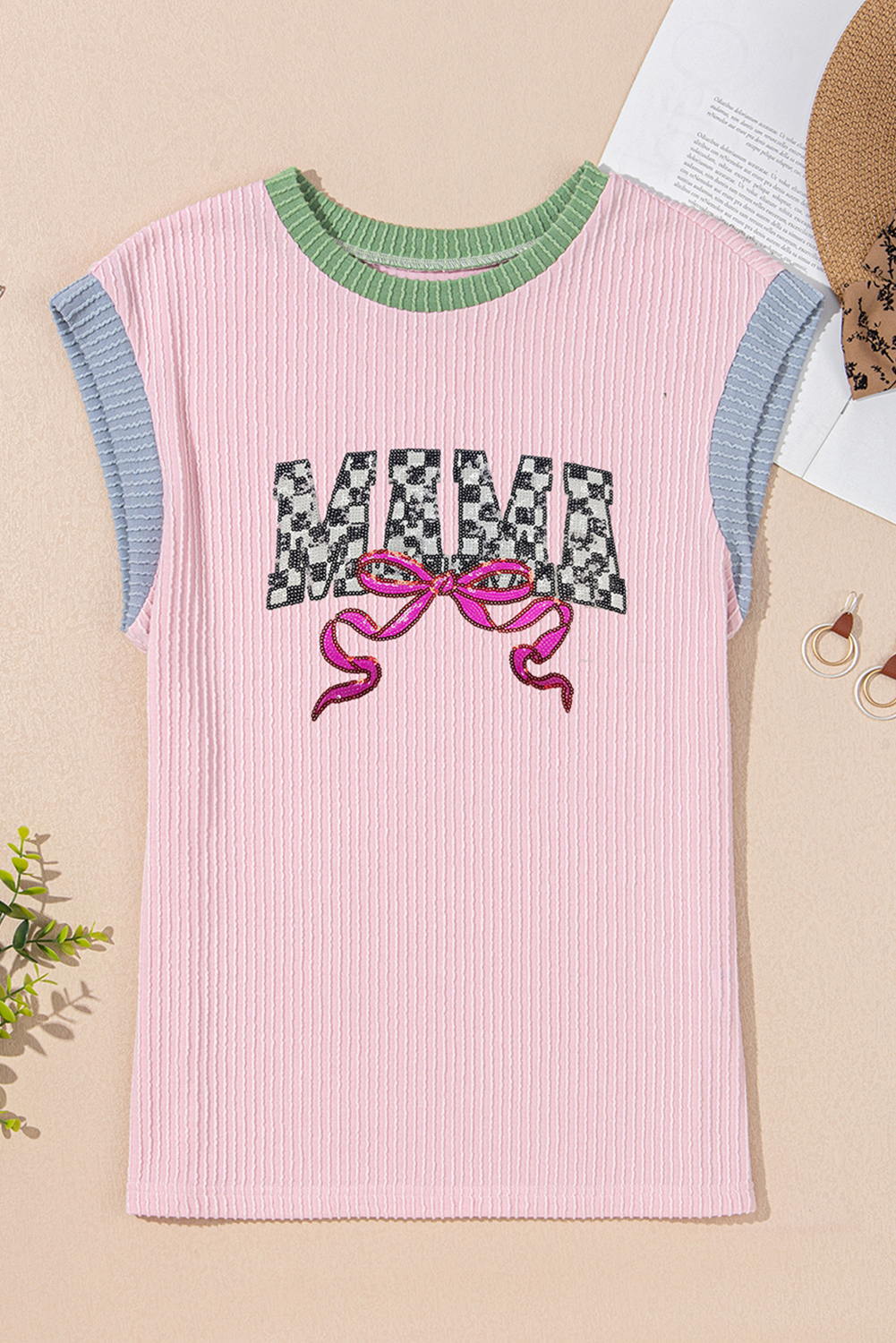 Pink MAMA Bow Graphic Contrast Trim Cap Sleeve 3D Rib T Shirt - loveforevers