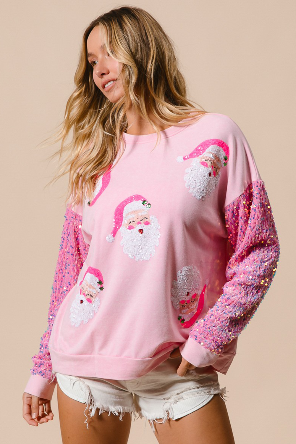 Moonlight Jade Sequined Santa Claus Long Sleeve Christmas Sweatshirt - loveforevers