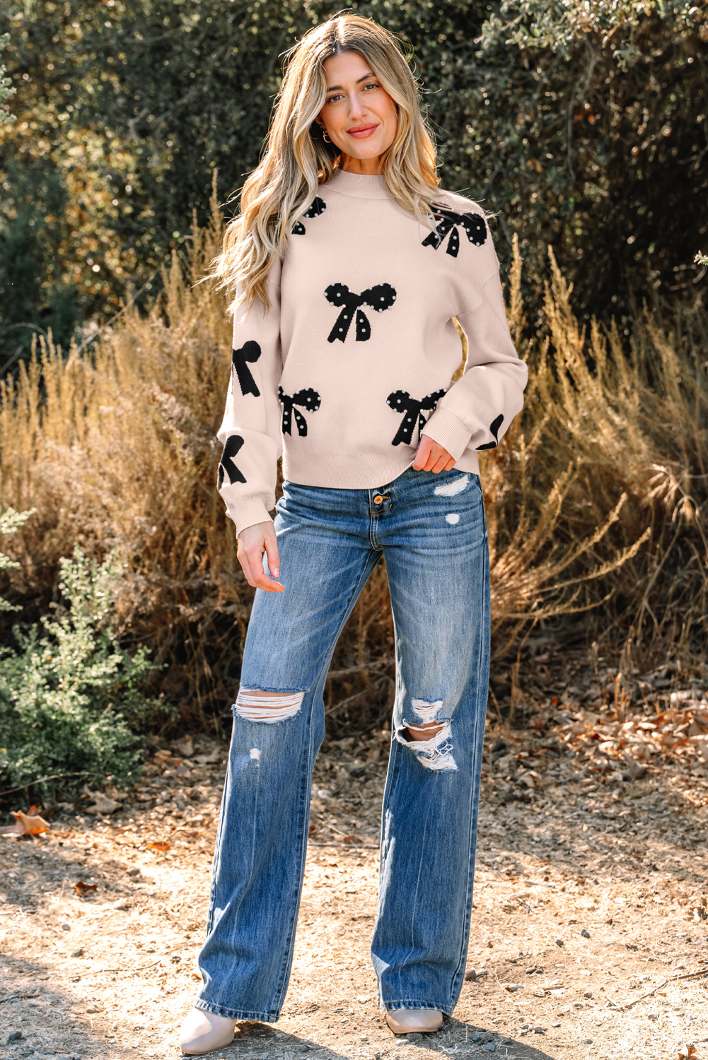 Bright Pink Pearl Embellished Bow Pattern Loose Sweater - loveforevers