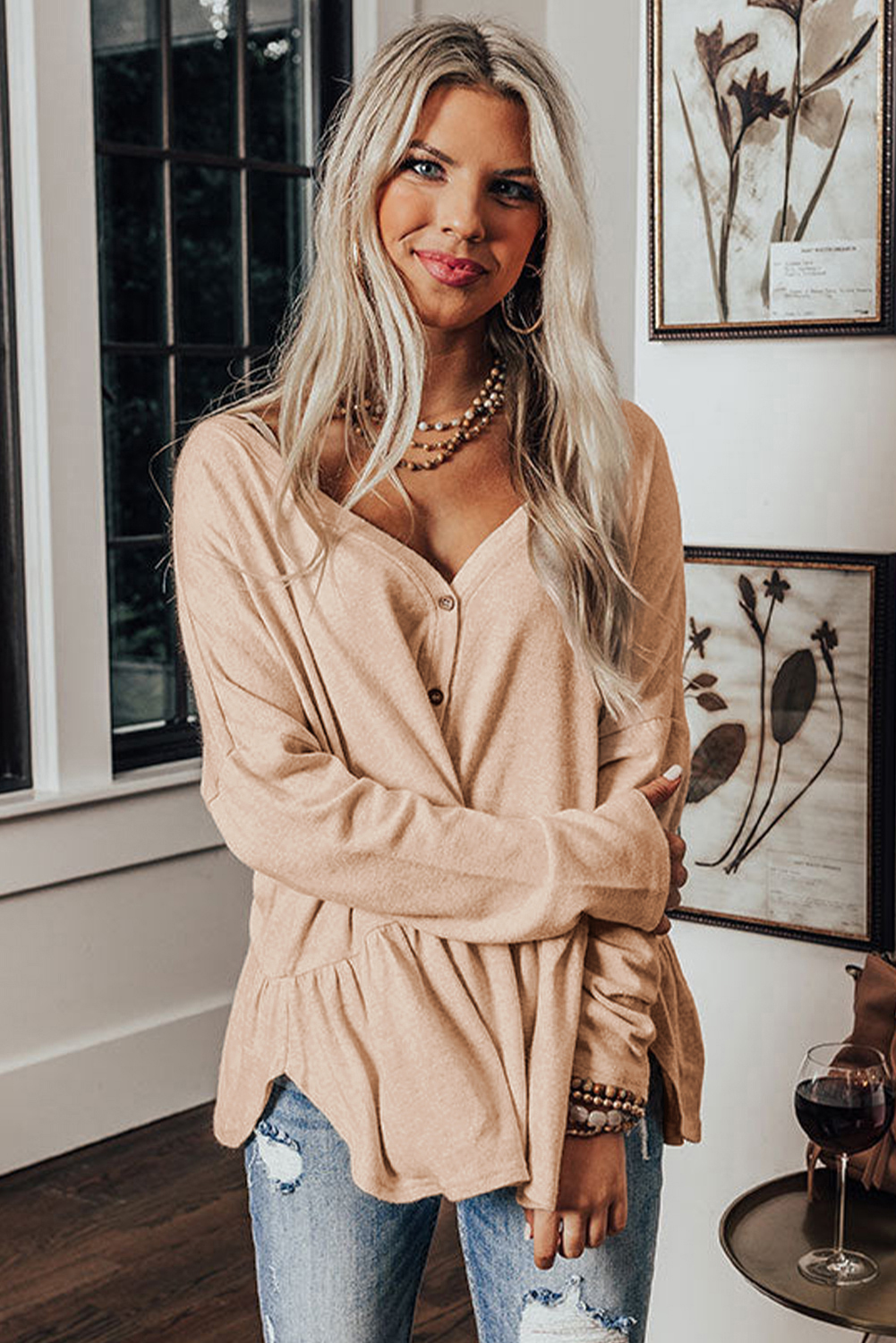 Jet Stream Ruffled V Neck Buttoned V Neck Shirt - loveforevers