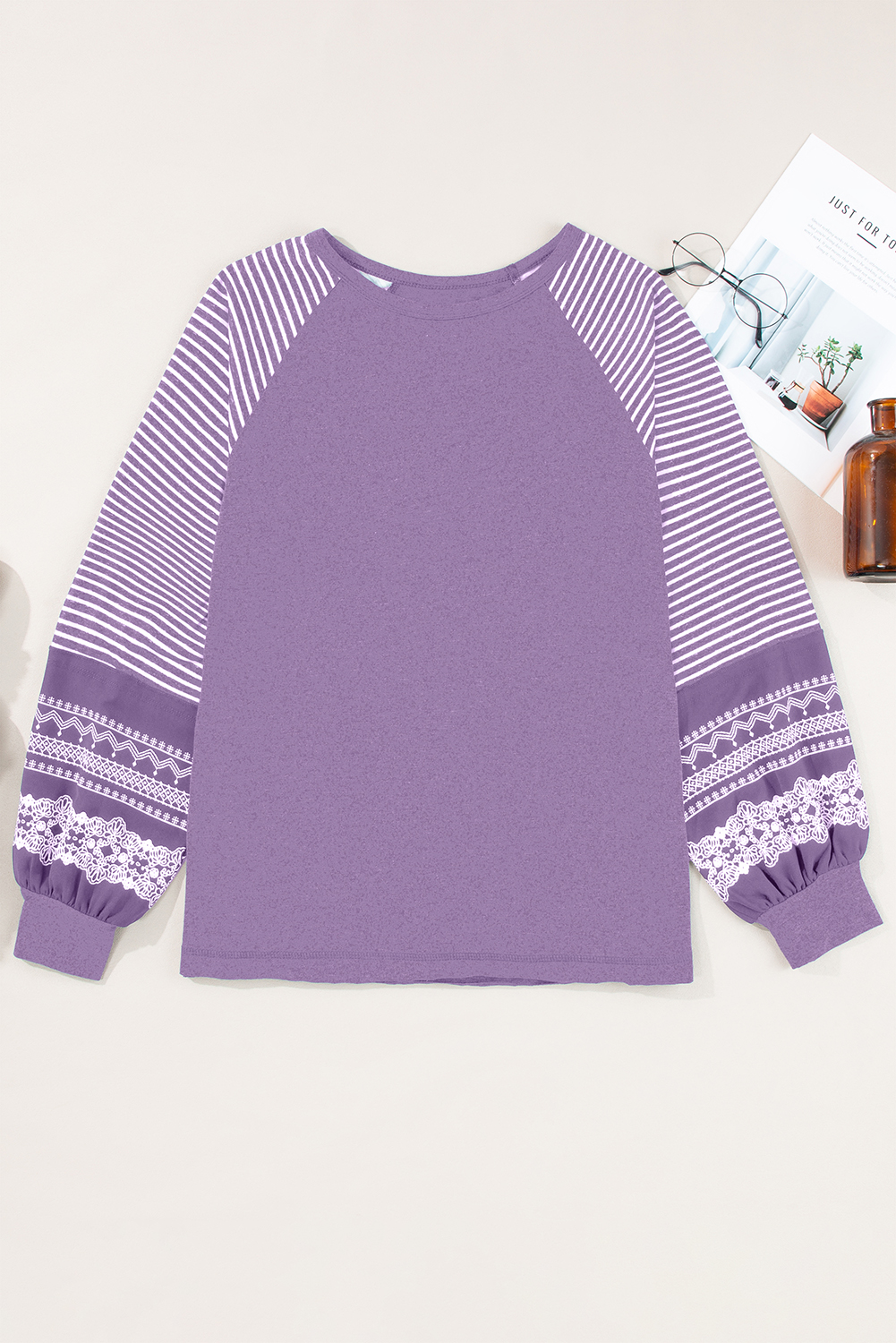 Tillandsia Purple Contrast Print Striped Raglan Long Sleeve Loose Top - loveforevers