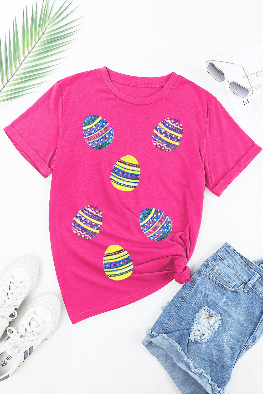 Rose Red Sequin Easter Egg Graphic Casual T Shirt - loveforevers