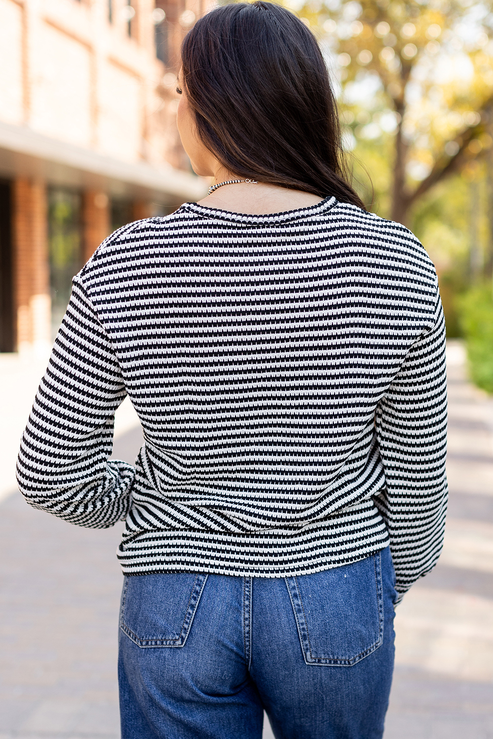 Black Stripe Round Neck Drop Shoulder Long Sleeve Top - loveforevers