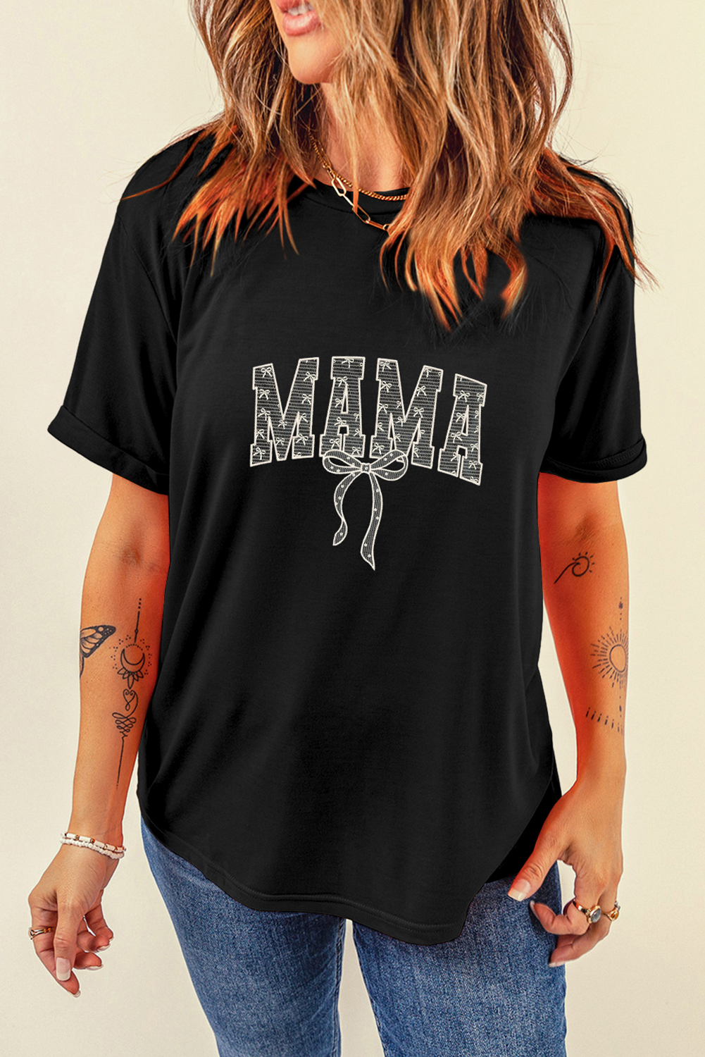 Black Bowknot MAMA Embroidered Crewneck Mothers Day T Shirt - loveforevers