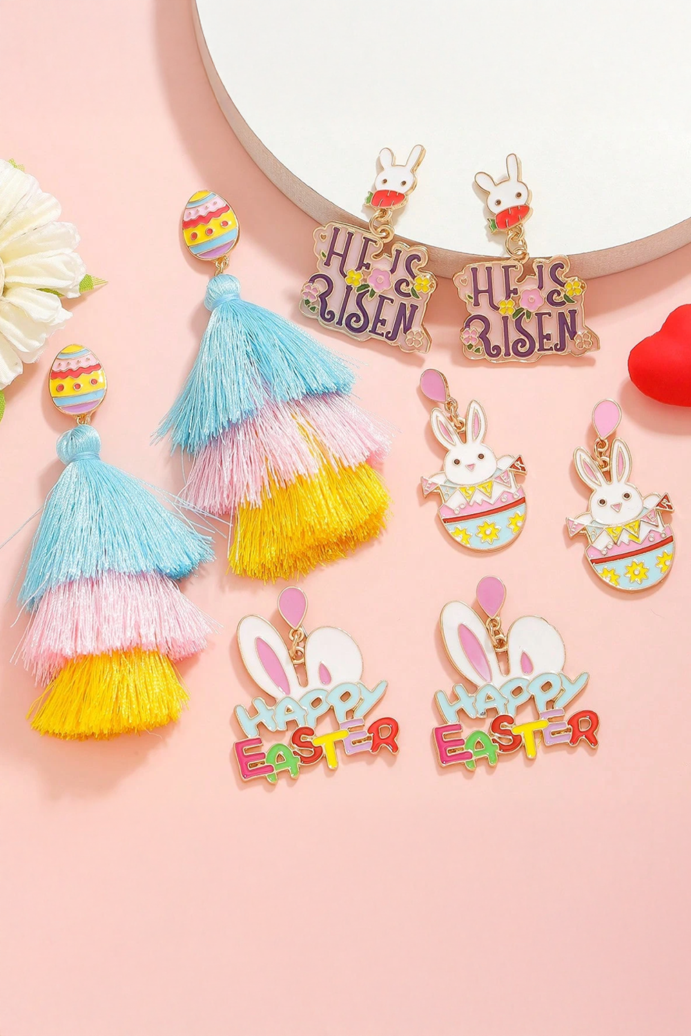 Pink Happy Easter Bunny Ear Pattern Stud Dangle Earrings - loveforevers