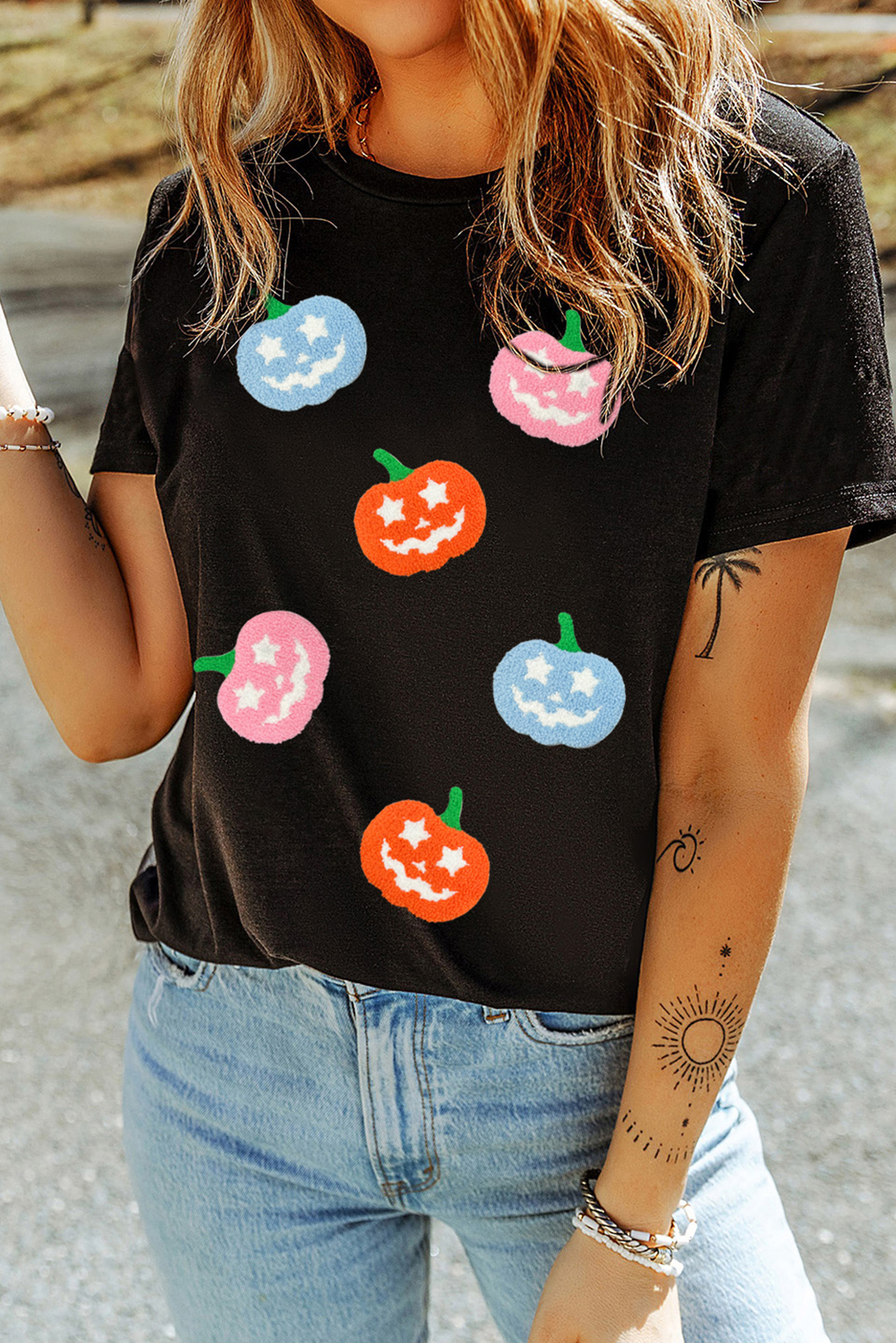Black Chenille Pumpkin Patched Playful Halloween T Shirt - loveforevers