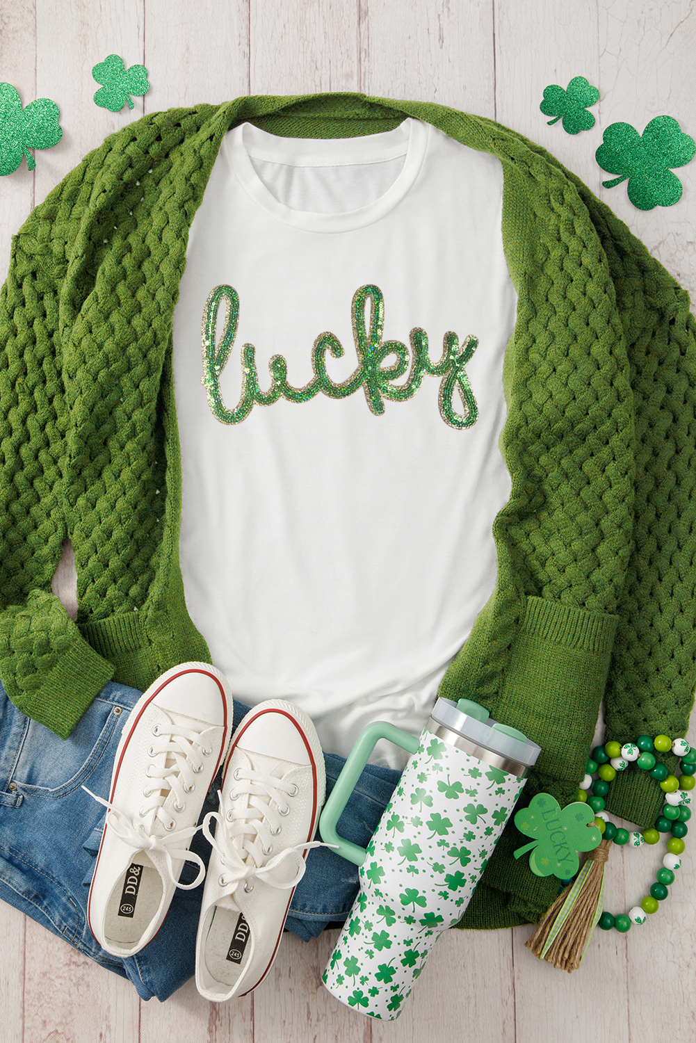 White Sequined Lucky St.Patricks Day Graphic Tee - loveforevers