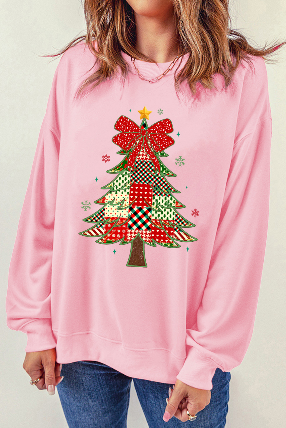 Pink Multi-pattern Checkered Christmas Tree Womens Drop Shoulder Sweatshirt - loveforevers