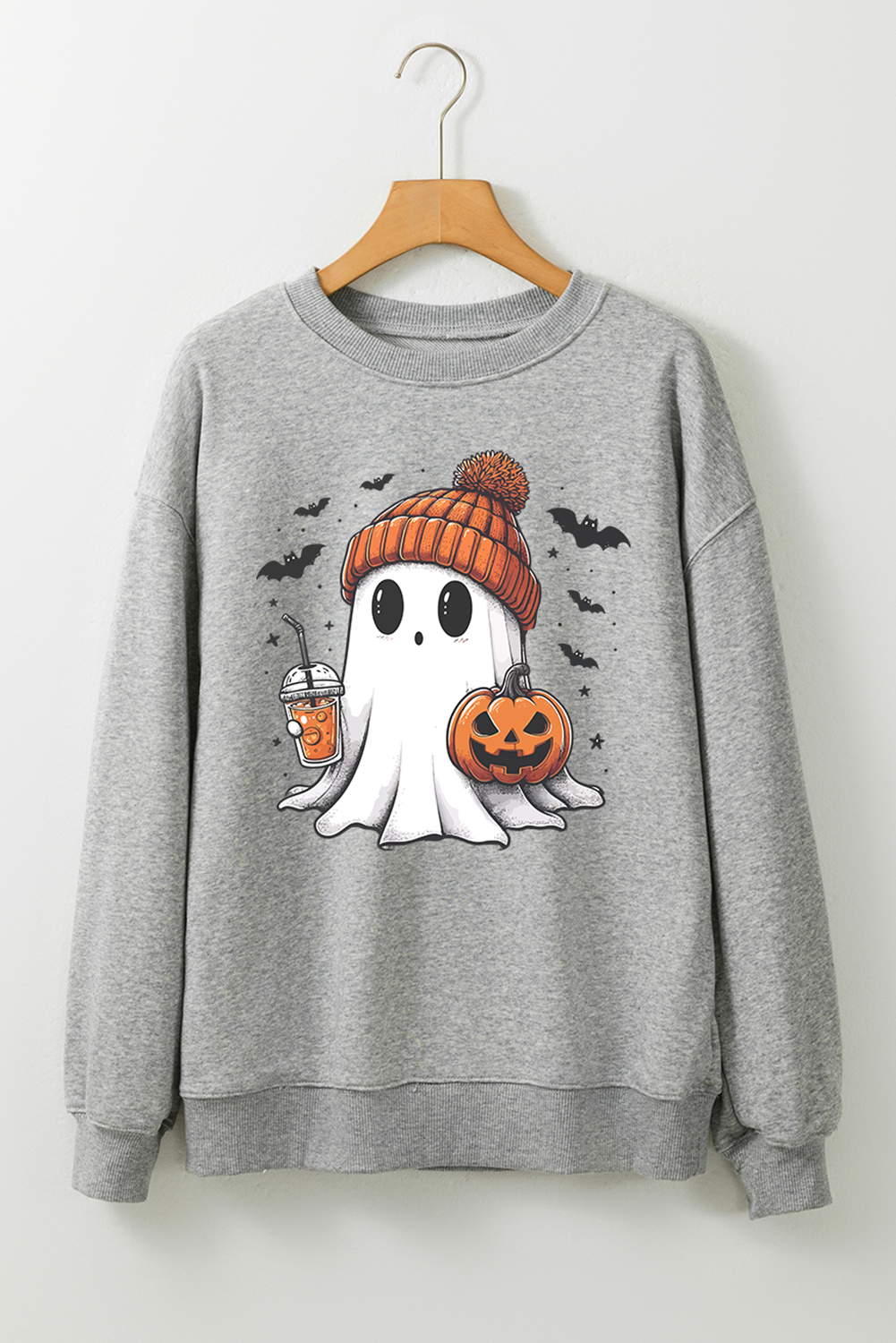 Gray Halloween Ghost Print Crewneck Drop Shoulder Sweatshirt - loveforevers
