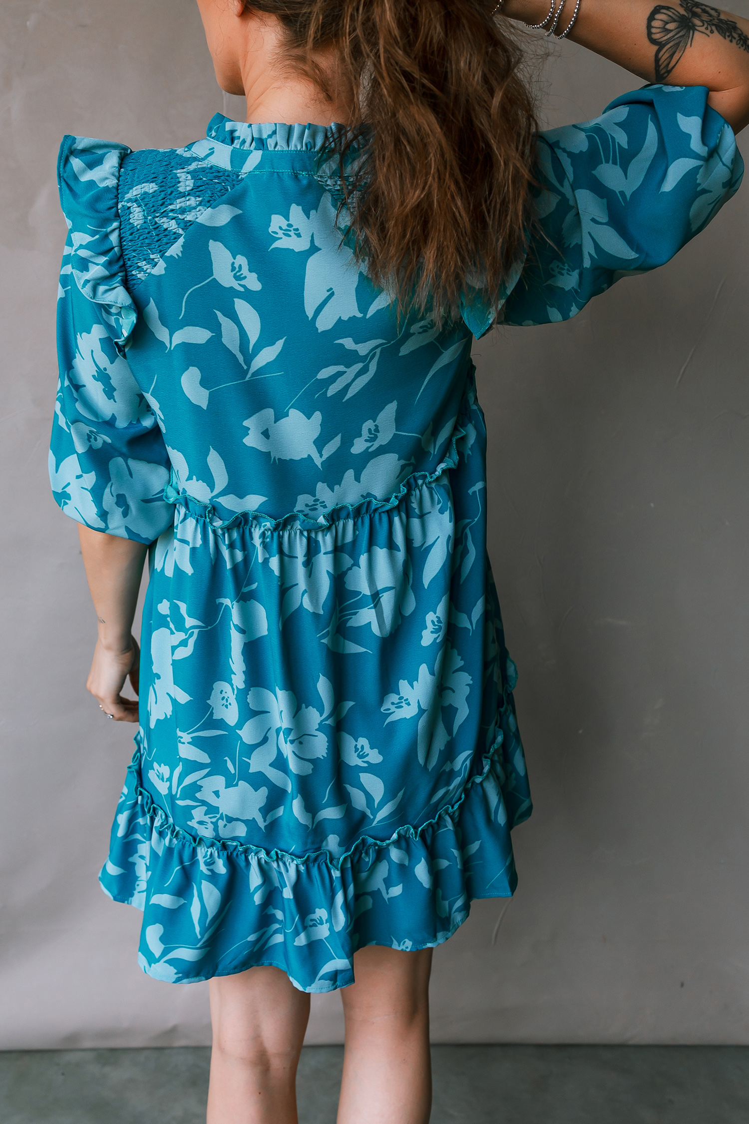 Blue Flower Half Sleeve Tiered Ruffled Mini Dress - loveforevers