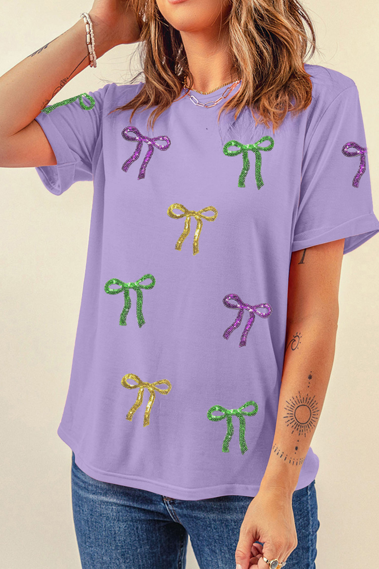 Wisteria Mardi Gras Sequin Bow Crew Neck T Shirt - loveforevers