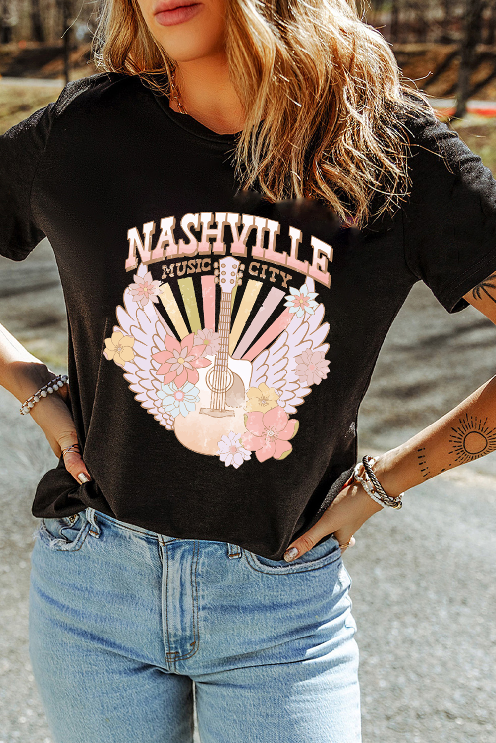 Black Nashville Music City Guitar Angel Wing Graphic Tee - loveforevers