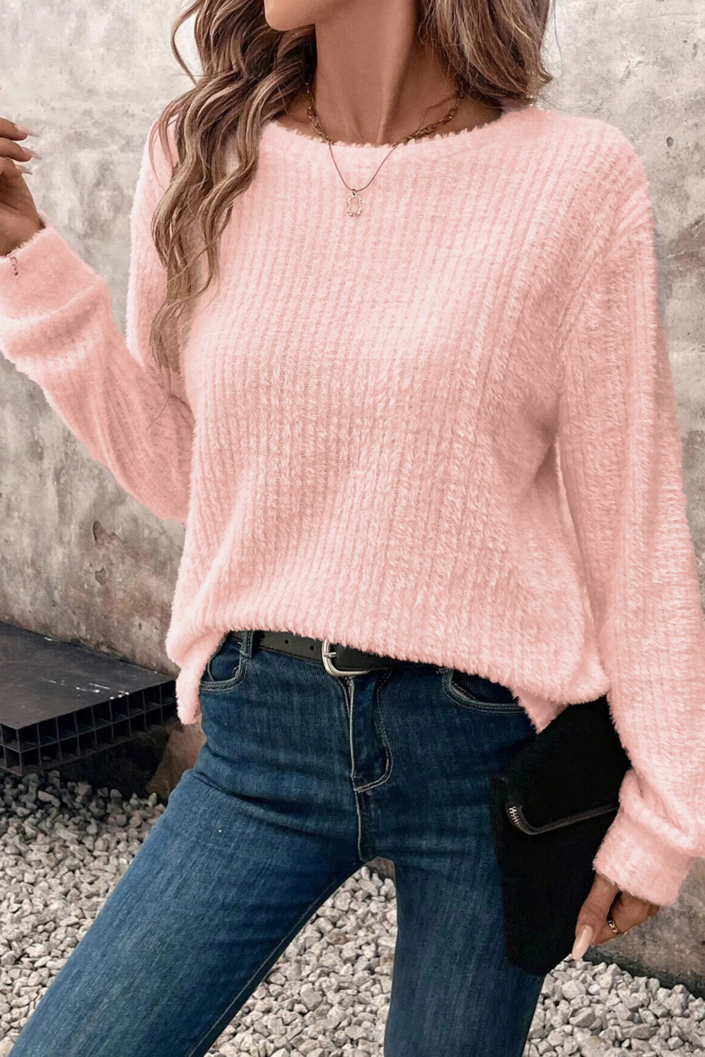 Light Pink Fuzzy Ribbed Texture Round Neck Long Sleeve Top - loveforevers