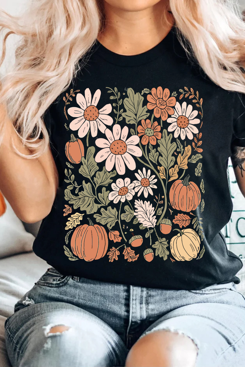 Black Wild Flower Pumpkin Print T Shirt - loveforevers