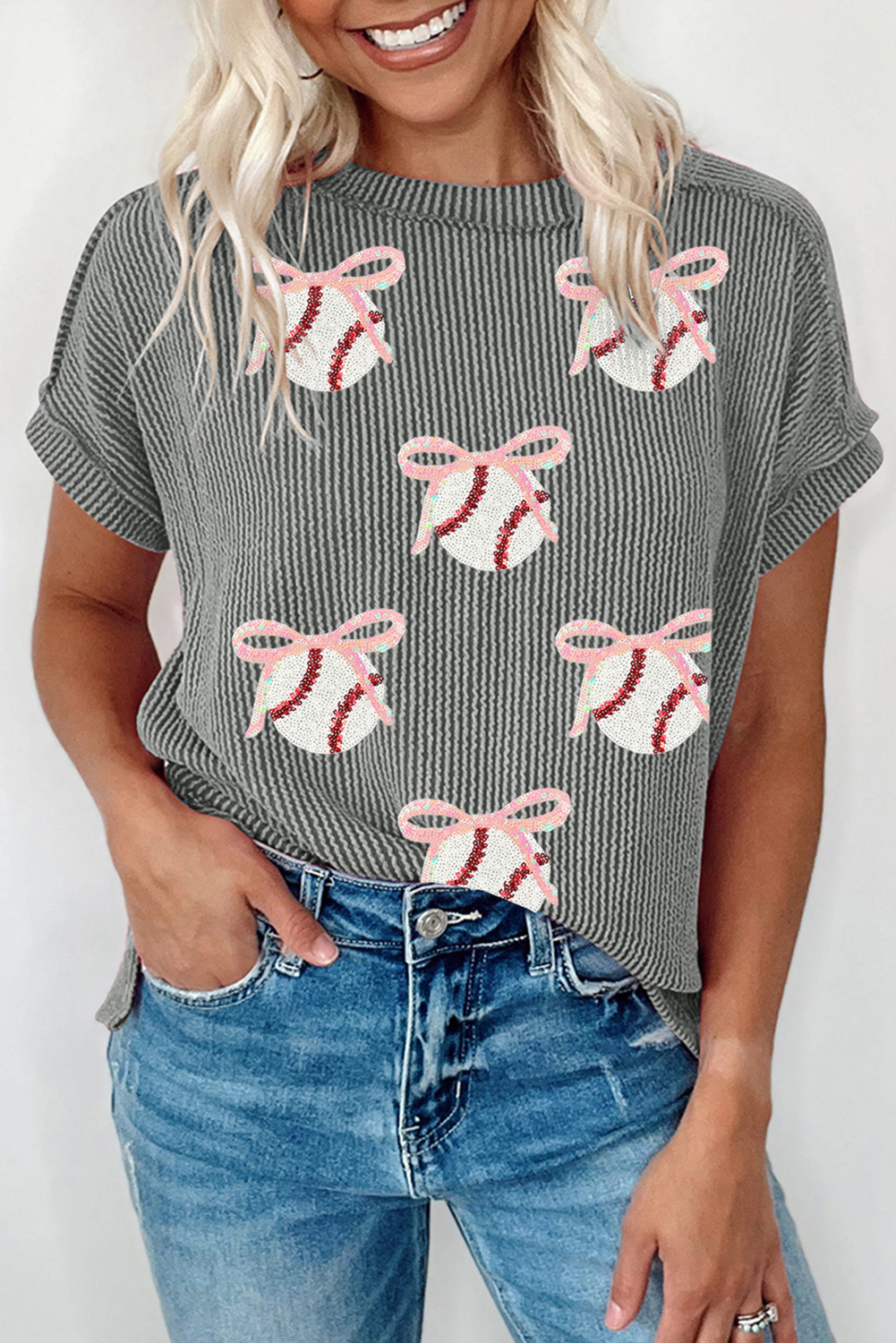 Medium Grey Twist Ribbed Sequined Bow Rugby Game Day Pattern Knit T Shirt - loveforevers
