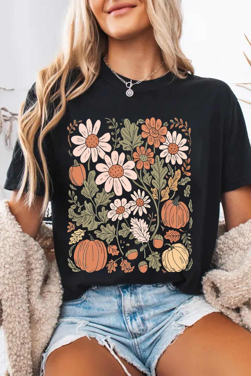 Black Wild Flower Pumpkin Print T Shirt - loveforevers