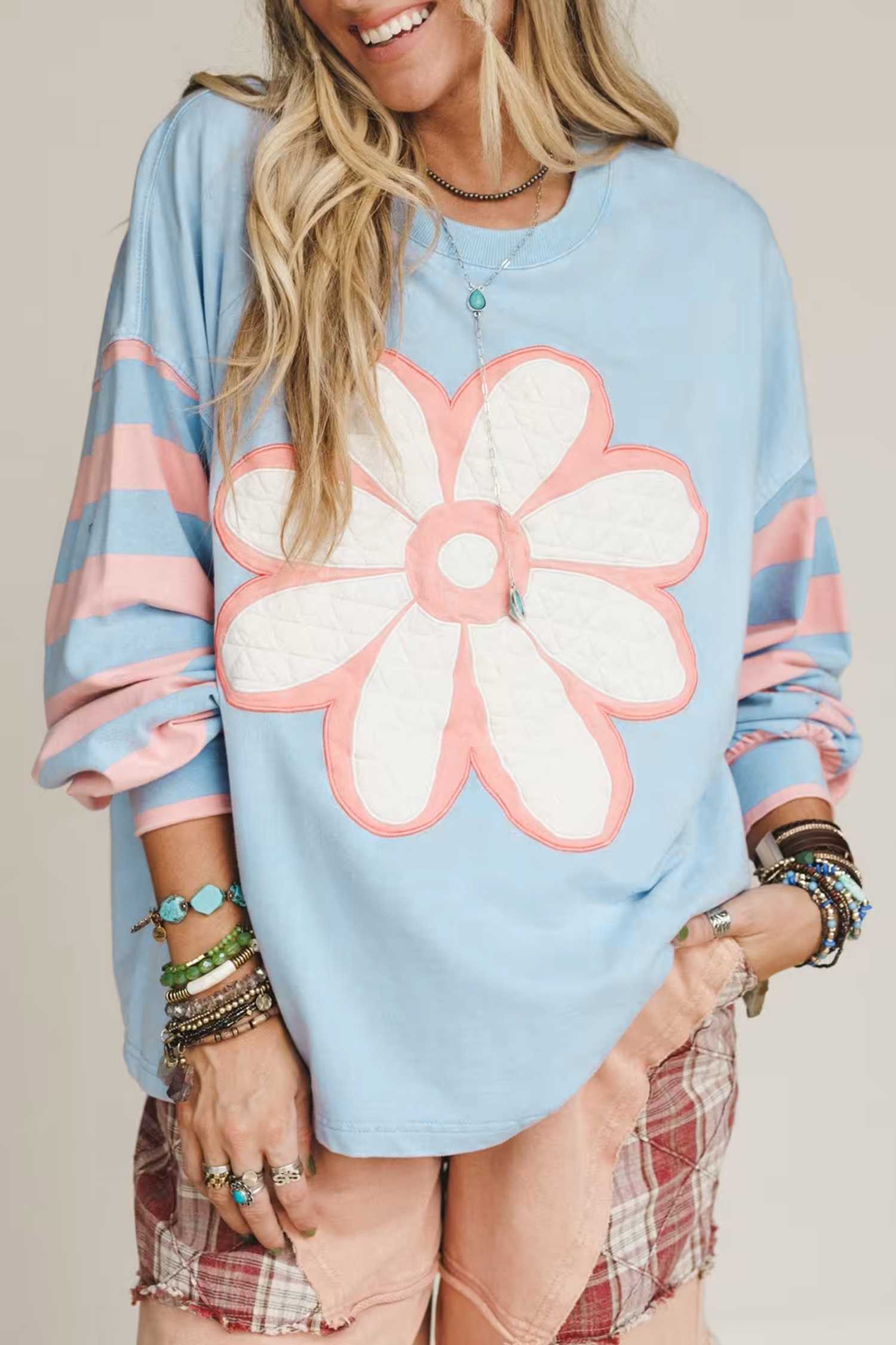 Beau Blue Big Flower Patch Drop Shoulder Striped Long Sleeve Top - loveforevers