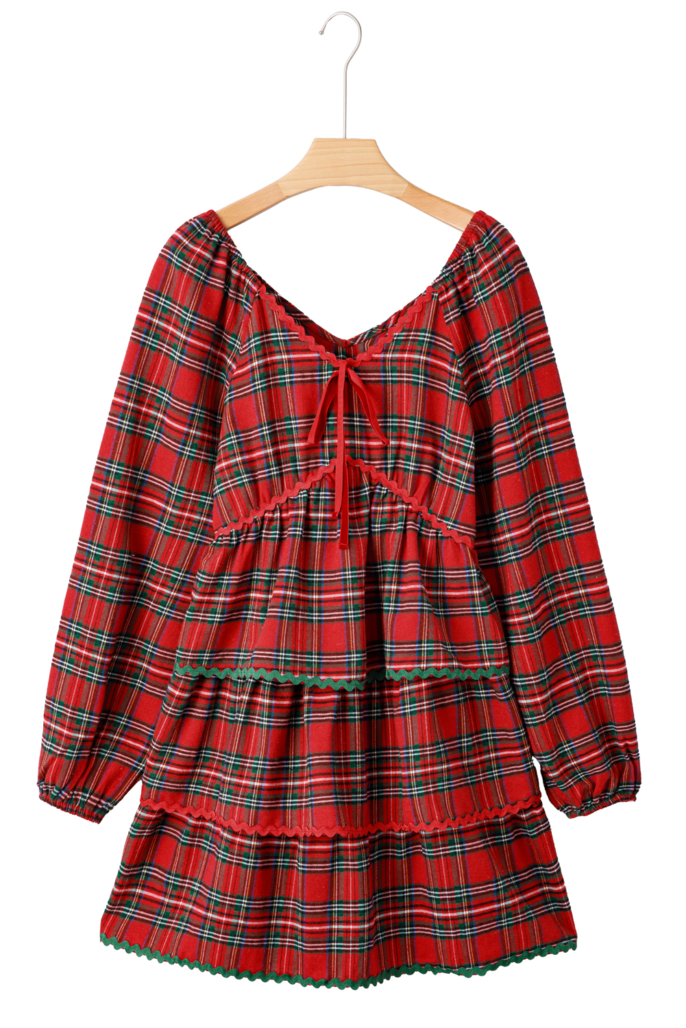 Red Plaid Print Ricrac Tiered Bubble Sleeve Mini Dress - loveforevers