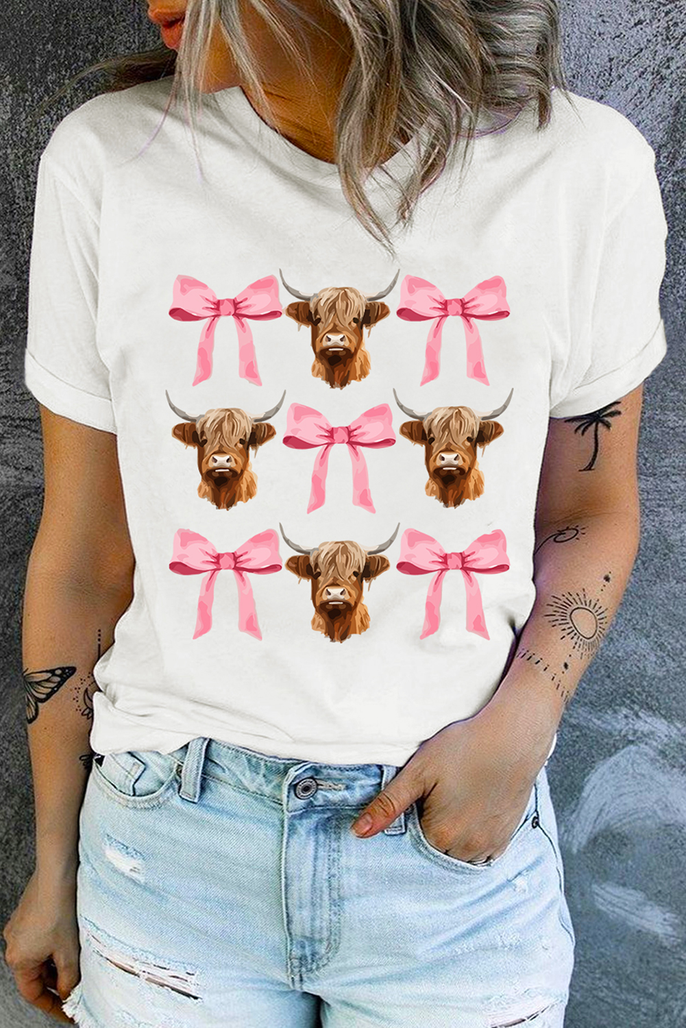White Coquette Highland Cow Png Bows Graphic Tee - loveforevers