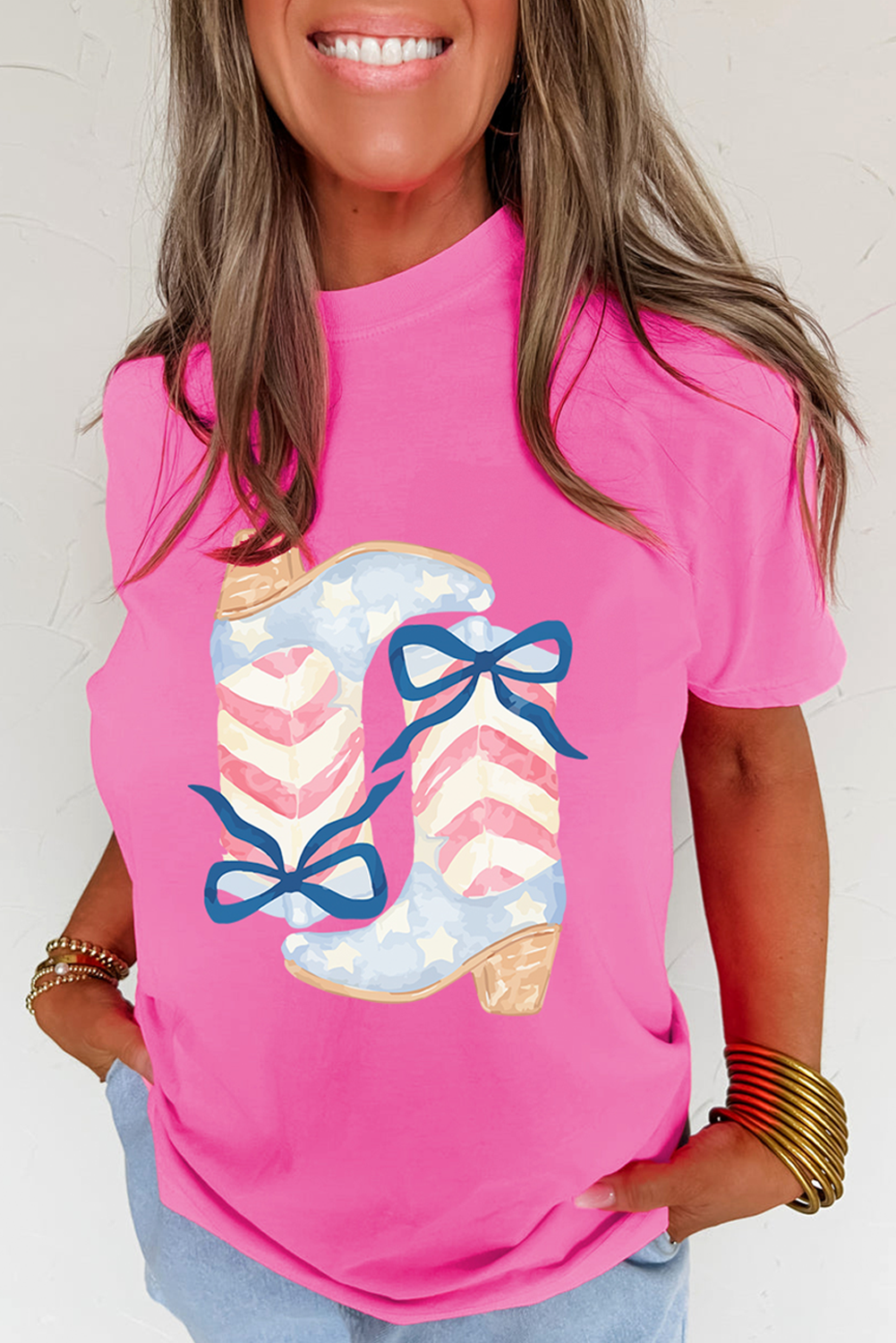 Sachet Pink Flag Pattern Boots Bow Accent Casual Graphic Tee - loveforevers