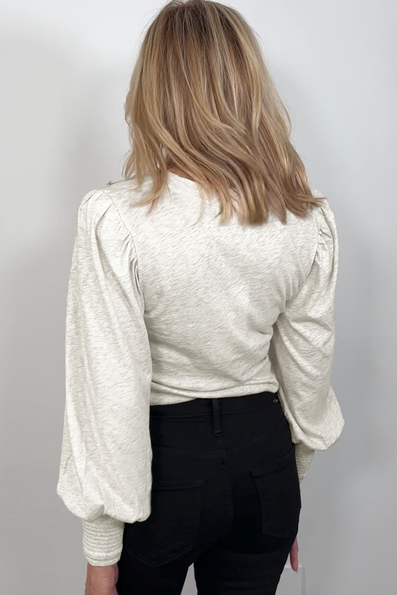 Oatmeal Shirred Cuffs Puff Sleeve Peasant Top - loveforevers