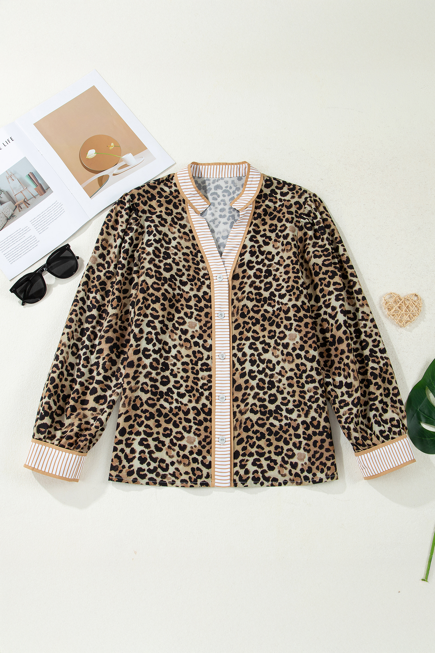 Khaki Contrast Striped Trim V Neck Leopard Shirt - loveforevers