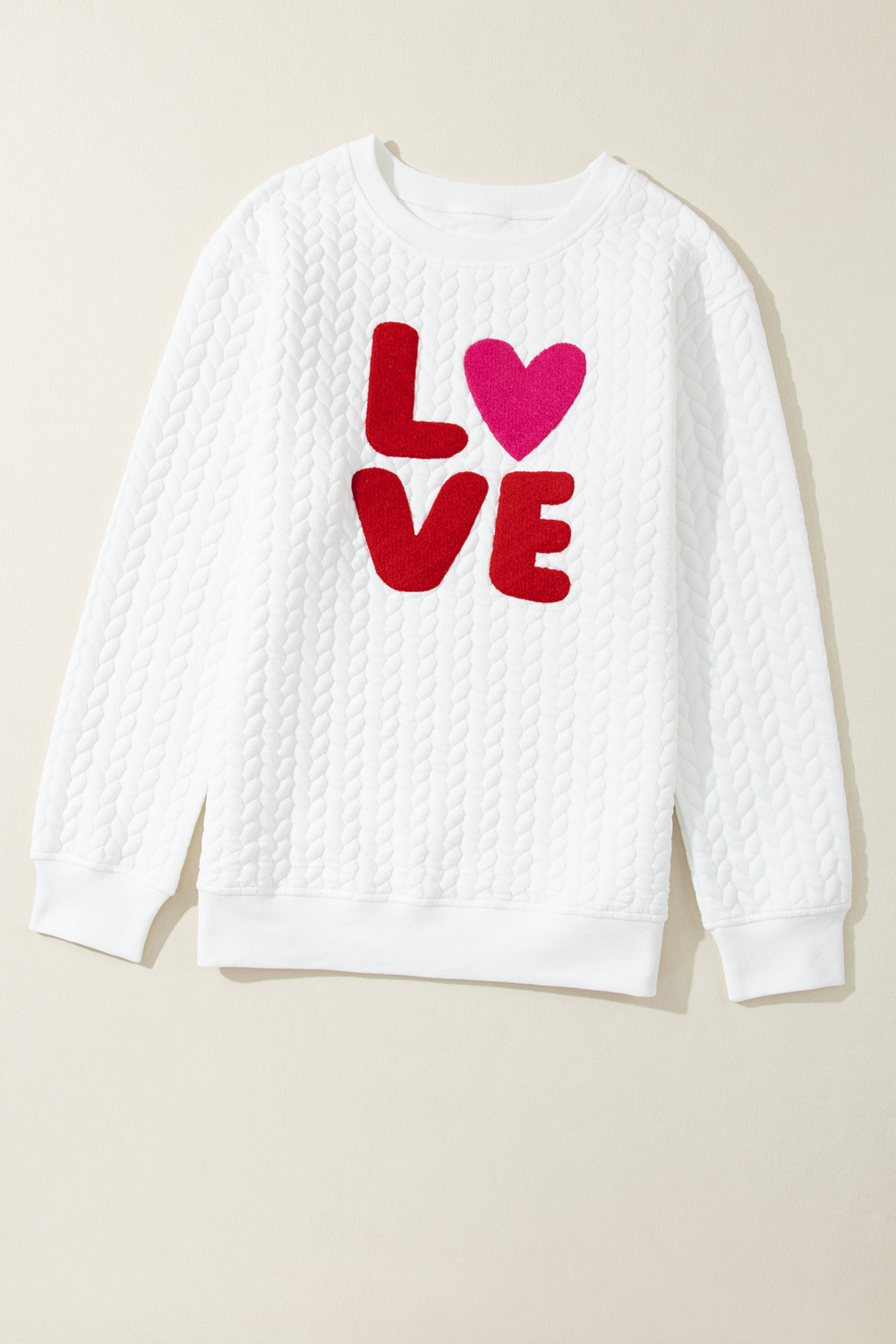 White LOVE Chenille Embroidered Cable Knit Pullover Sweatshirt - loveforevers
