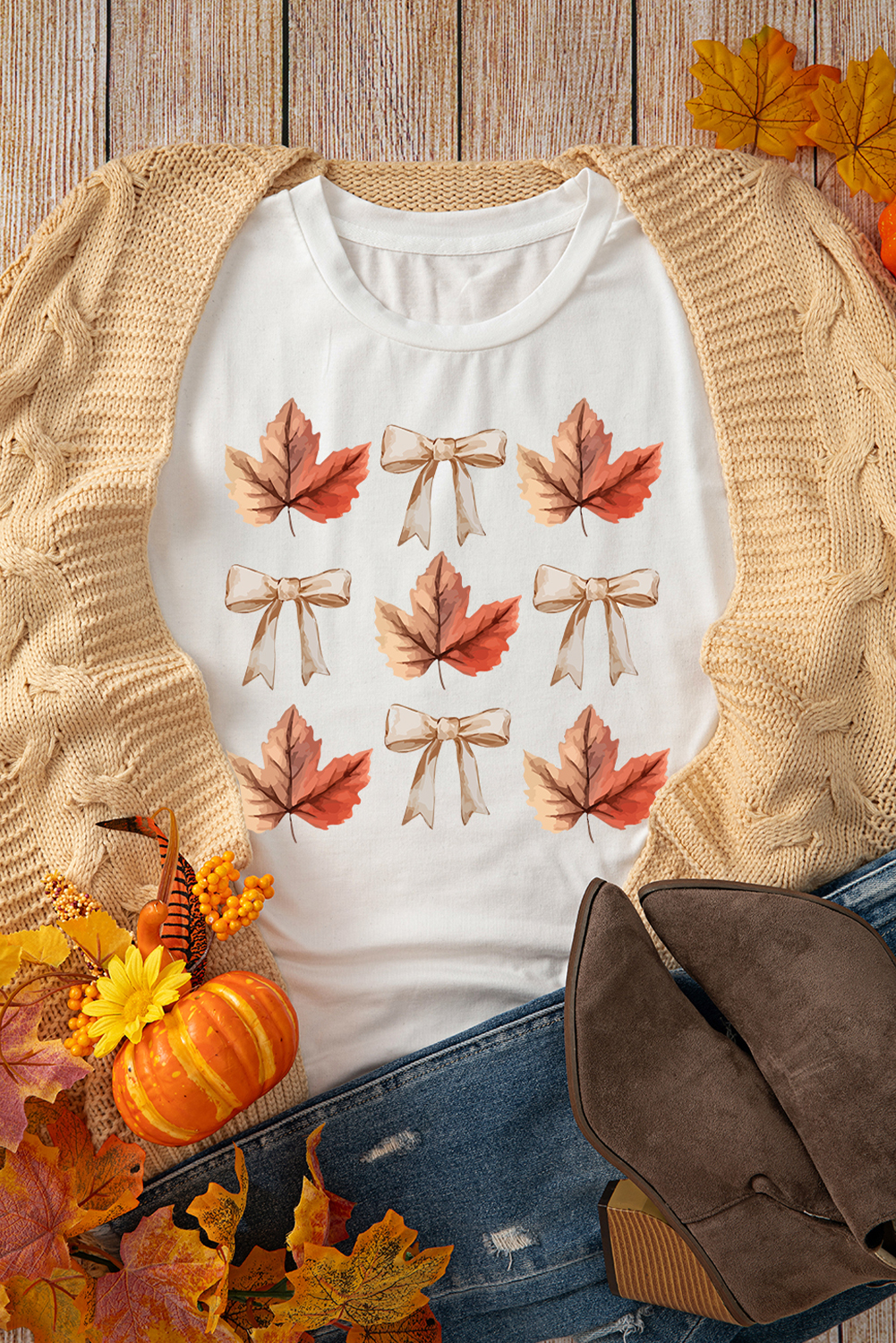 White Fall Leaf Bow Print Thanksgiving T Shirt - loveforevers
