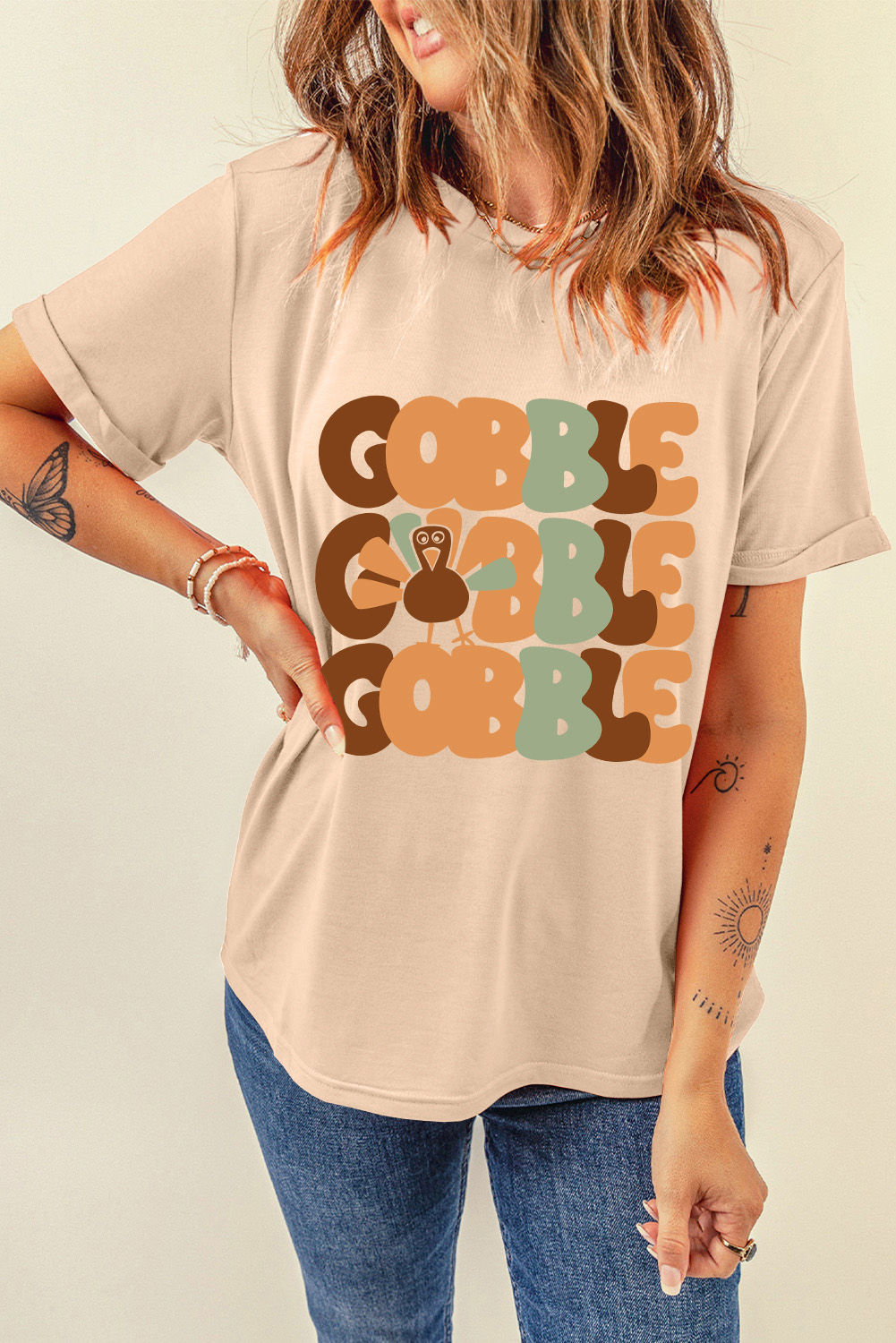 Khaki GOBBLE Turkey Print Thanksgiving Fashion Tee - loveforevers
