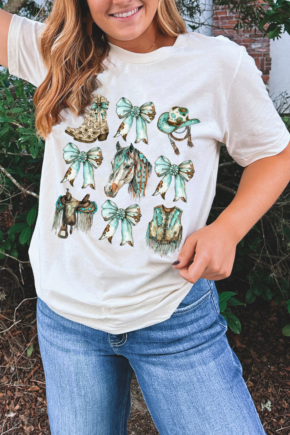 White Horse Bowknot Cowgirl Fashion Print Crewneck Tee - loveforevers