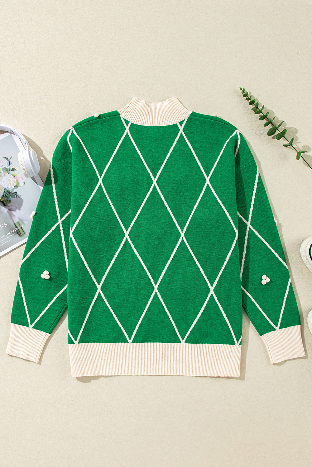 Dark Green Diamond Pattern Pom Accents Contrast Trim High Neck Sweater - loveforevers