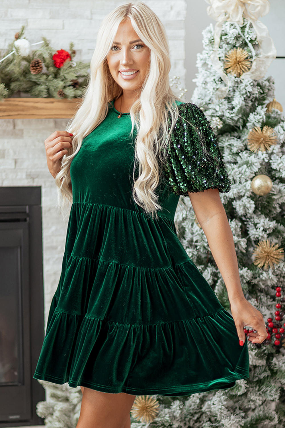 Evergreen Sequin Puff Sleeve High Waist Tiered Velvet Mini Dress - loveforevers