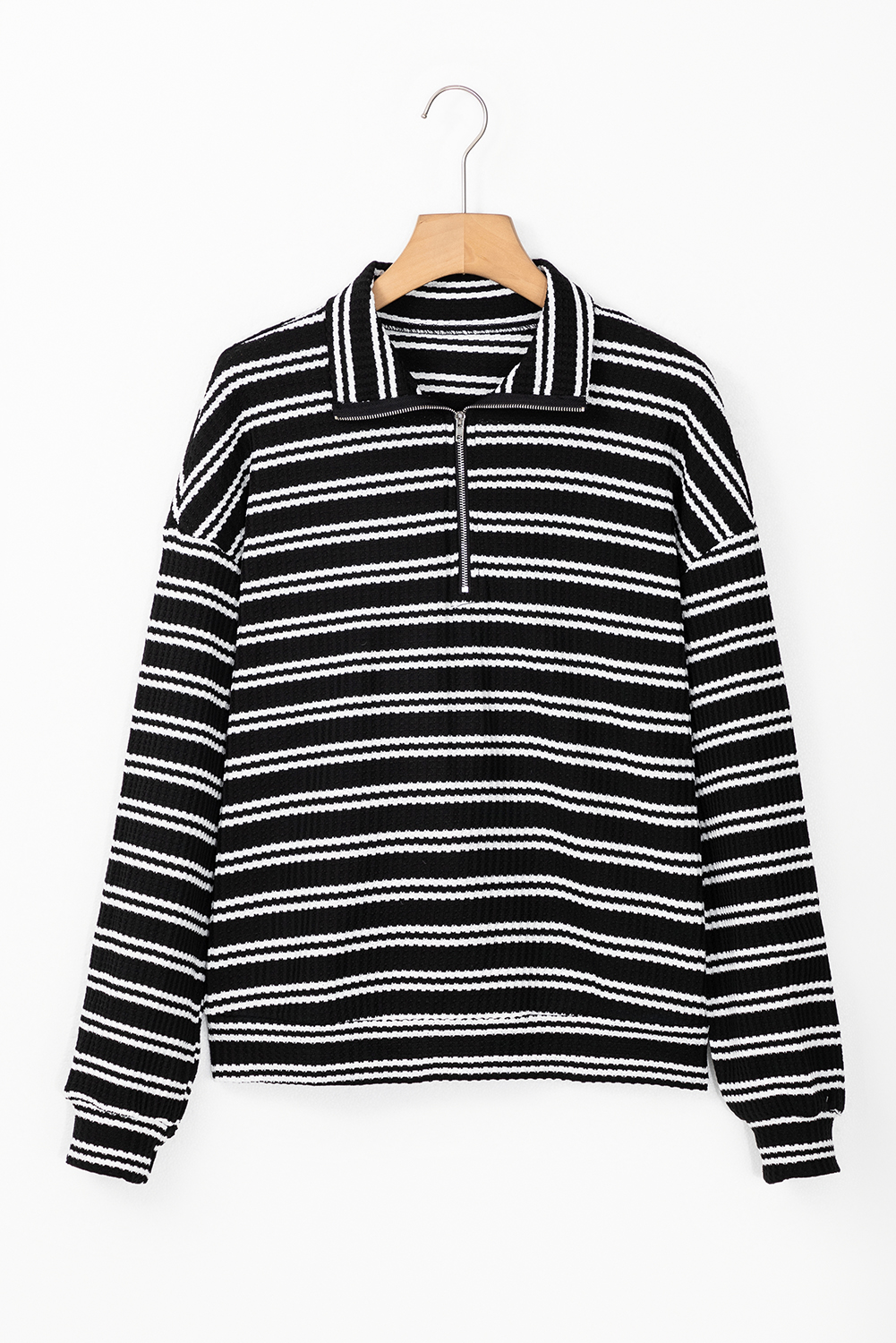 Black Stripe Textured Quarter Zip Collar Long Sleeve Top - loveforevers