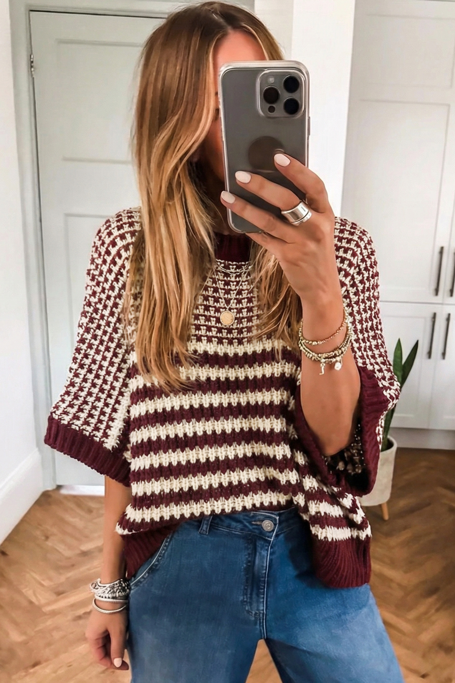 Black Stripe 3/4 Draped Sleeve Slouchy Sweater - loveforevers