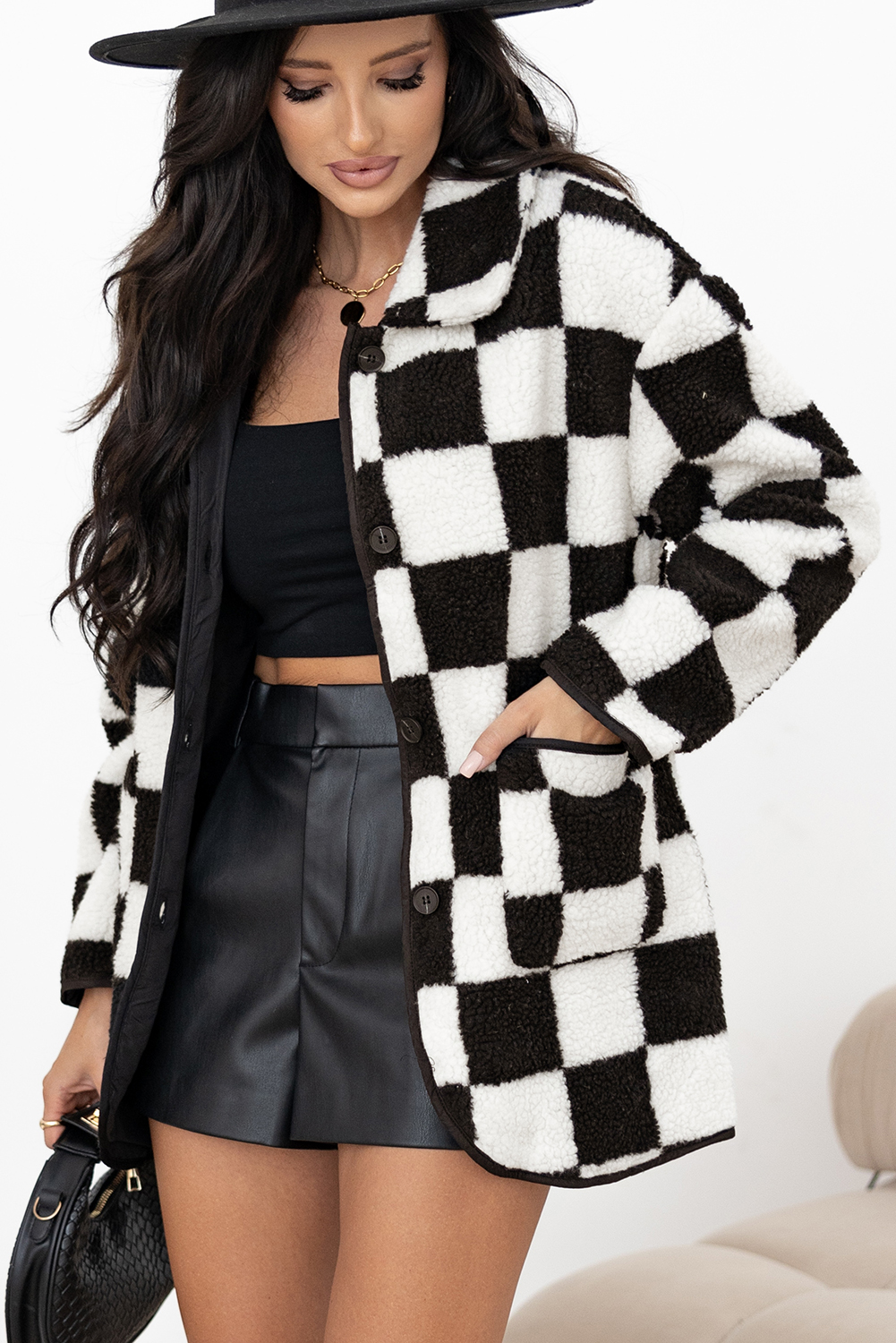 Black Checkered Side Pockets Collared Buttoned Fleece Jacket - loveforevers