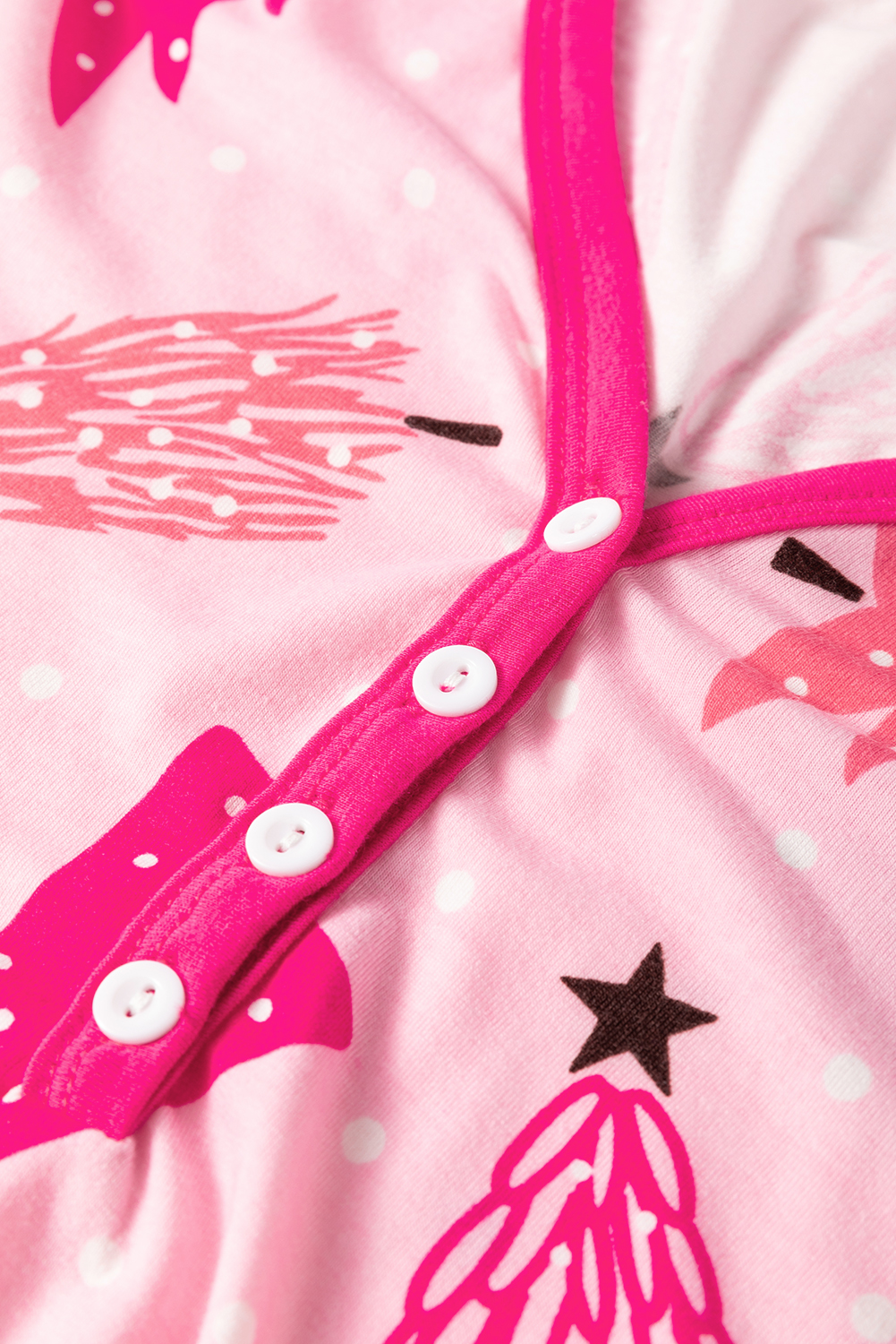 Pink Christmas Tree Print V Neck Buttoned Pullover and Drawstring Pants Lounge Set - loveforevers