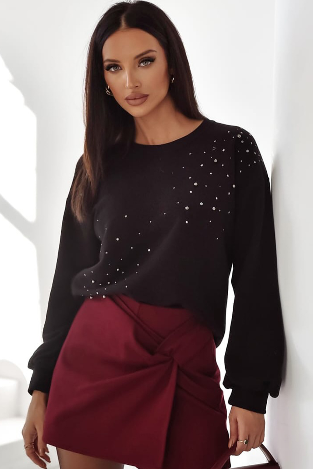 Black Rhinestone Embellished Drop Shoulder Ribbed Cuffs Wholesale Sweatshirt - loveforevers