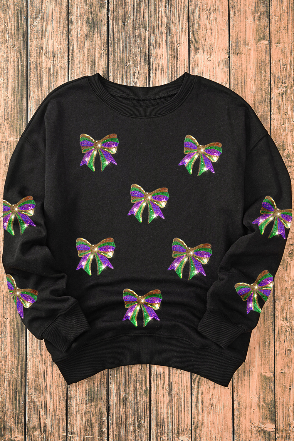 Black Sequin Mardi Gras Bow Graphic Drop Shoulder Pullover Sweatshirt - loveforevers