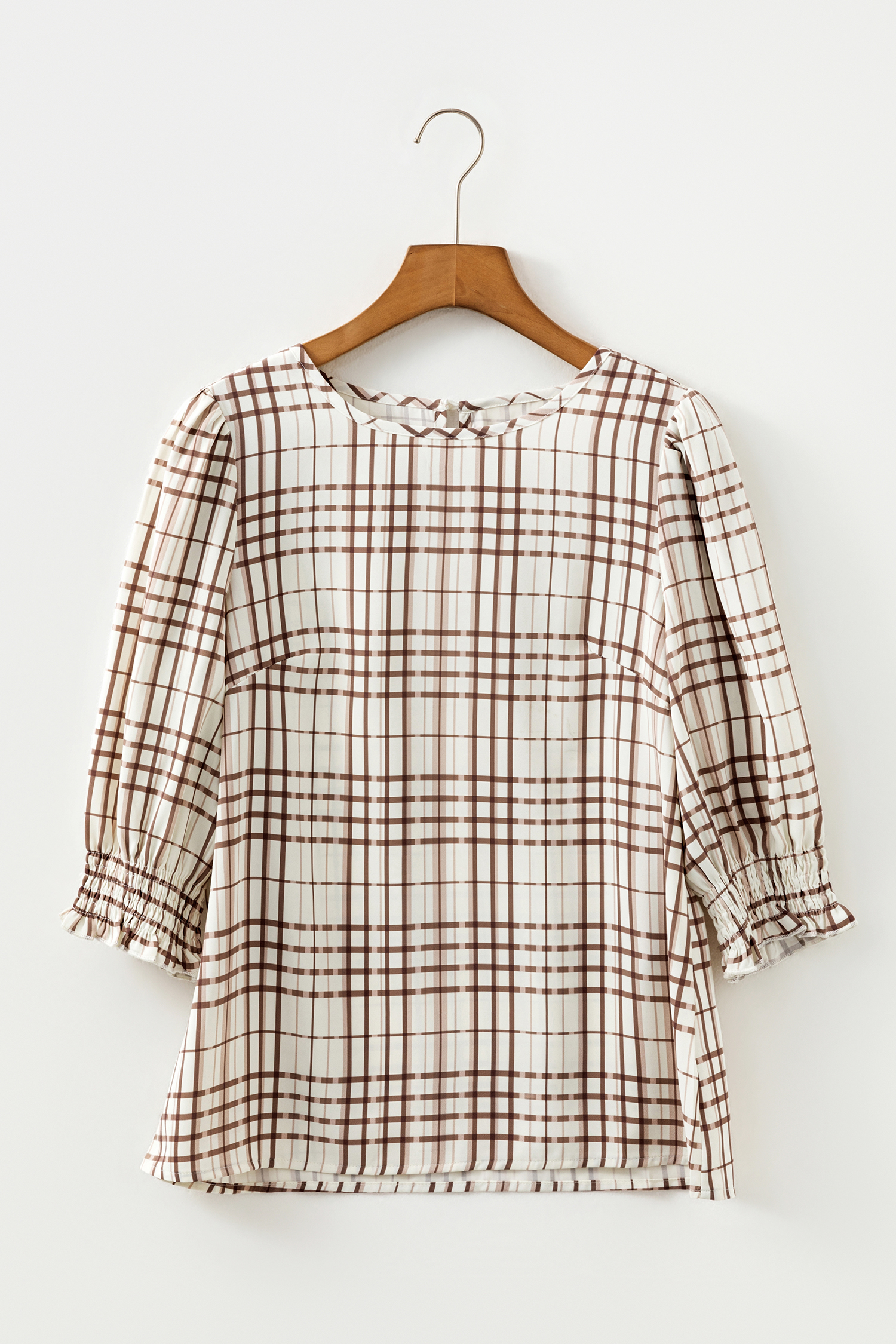 White Plaid Print Frilled Puffy Half Sleeve Blouse - loveforevers