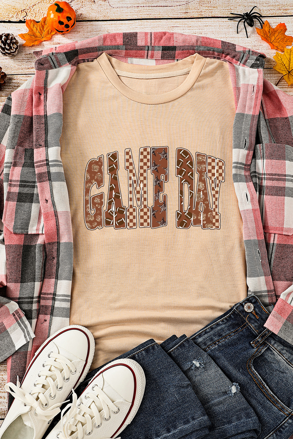 Khaki GAME DAY Rugby Checkered Letter Graphic T Shirt - loveforevers
